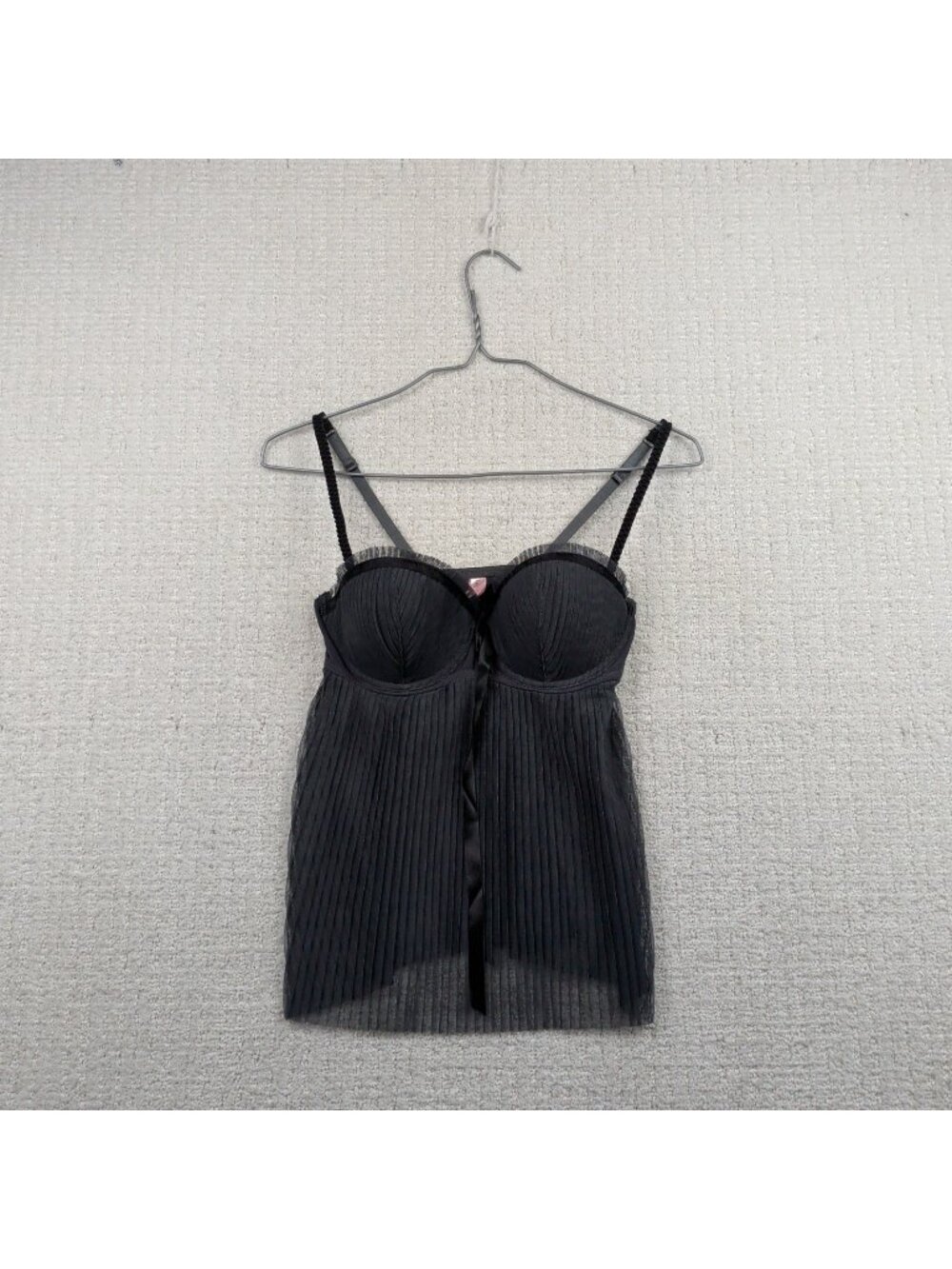Y2K La vie en Rose Baby Doll Cami Top Sheer Pleated Gray Lingerie Coquette 34C